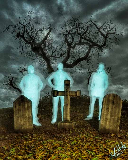 Three ghosts stand in a creepy graveyard next to three headstones.