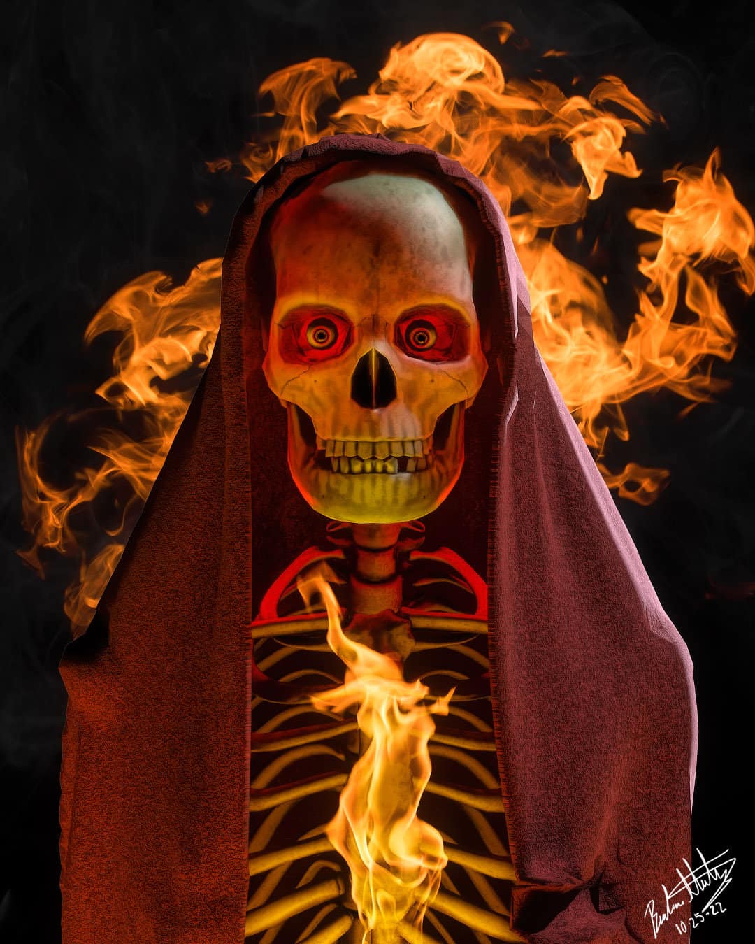 A skeleton with red cloth draped over him and fire in the background.