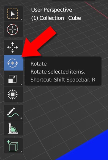 The rotate tool in the Blender toolbar is highlighted. 