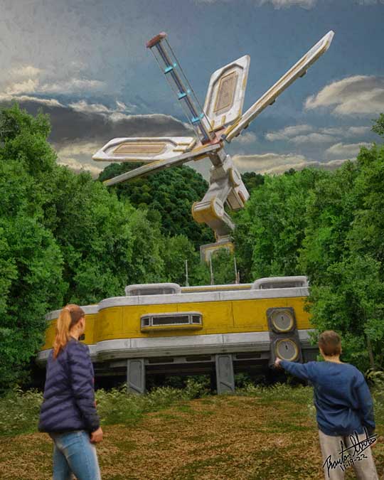 Two teens discover a futuristic structure and satellite in a forest.