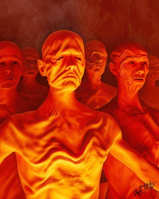 Zombie-like bodies in a red fiery glow.