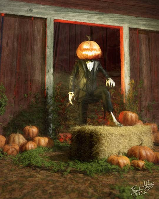 An evil farmer with a pumpkin as a head holds a pitchfork and stands in front of a creepy old barn surrounded by Halloween pumpkins.