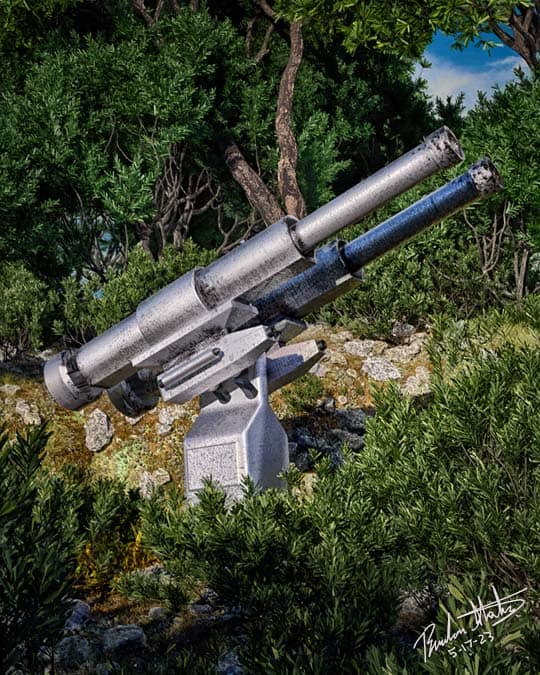 A sci fi cannon sits on a hill surrounded by vegetation.