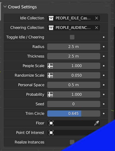The crowd settings panel in the Blender sidebar.
