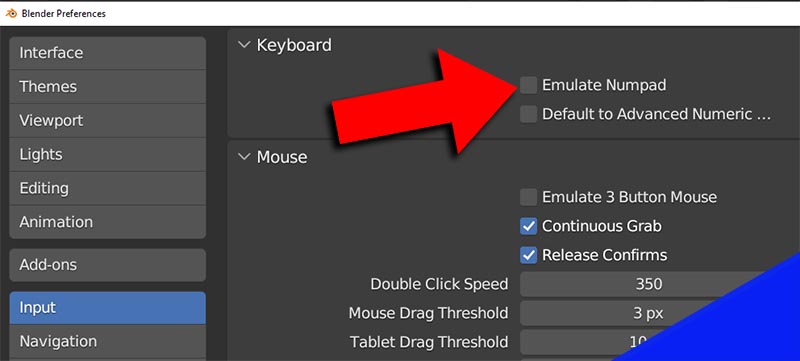 The emulate keyboard check box in Blender user preferences is highlighted.