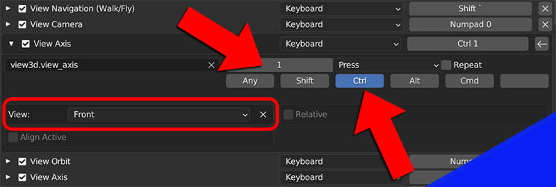 the ctrl button is highlighted to add a front view keymap in Blender.