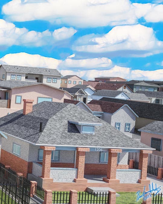 3D house models and a cloudy blue sky background.