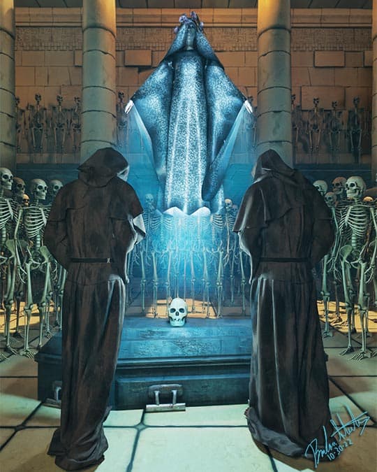 Two monks stand near a coffin with a sorcerer hovering above. A crowd of skeletons surround the ceremony and a skull lays on top of the coffin.