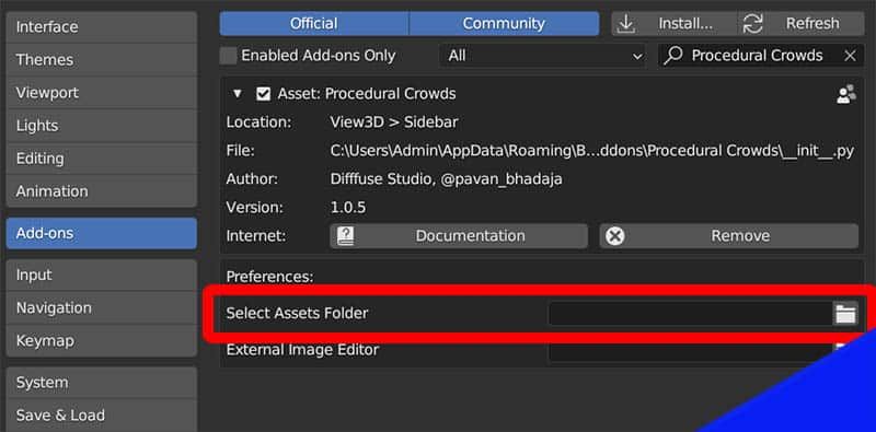 The asset folder selection box is highlighted in the Blender user preferences.