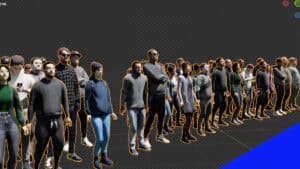 A crowd of high poly procedurally generated 3d models in Blender.