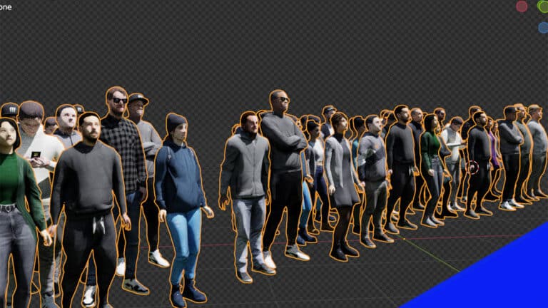 A crowd of high poly procedurally generated 3d models in Blender.