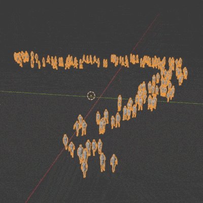 A crowd follows a bezier curve in the Blender viewport.