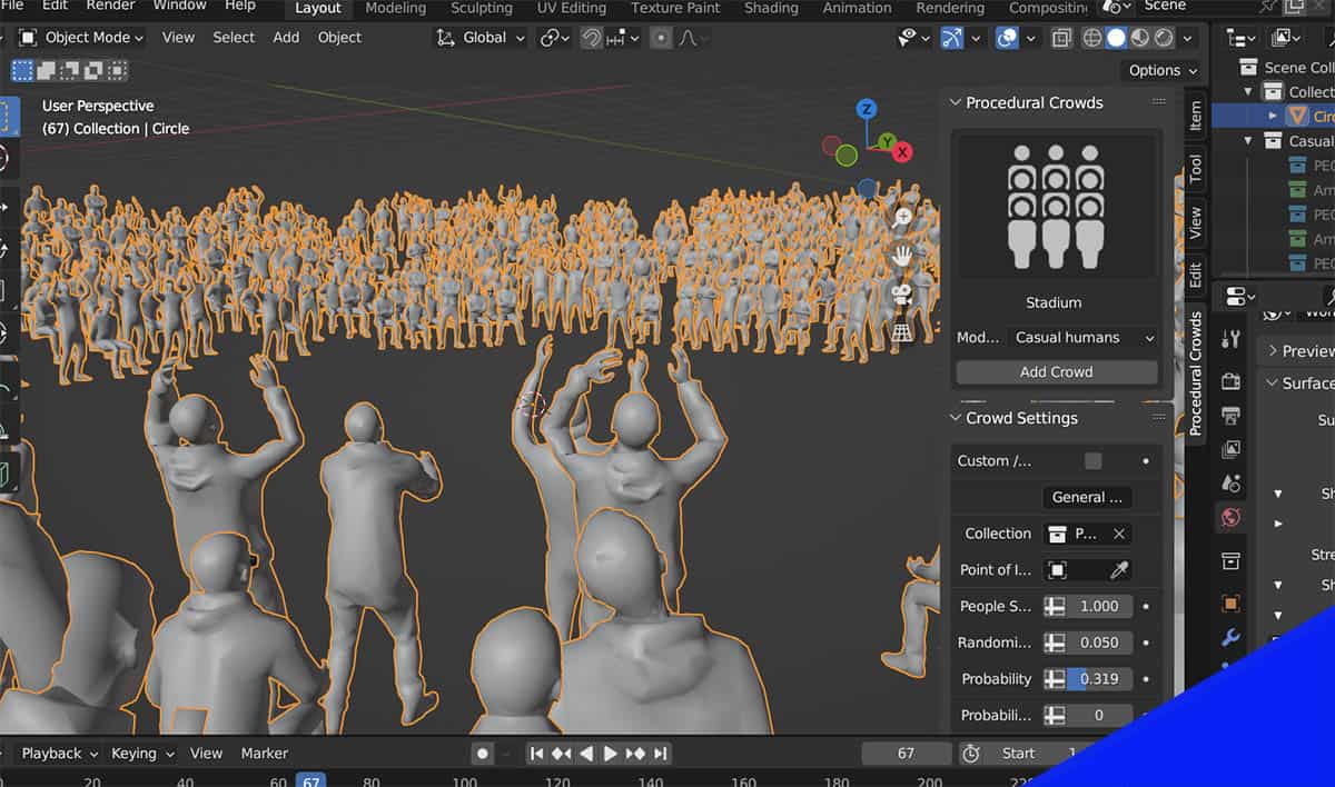 A circular crowd created in Blender using the Procedural Crowds add-on. 
