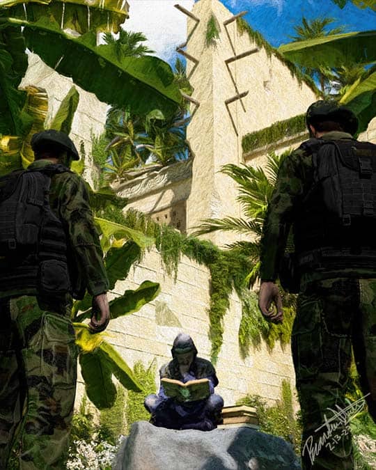 Two soldiers dressed in camoflauge approach a man reading a book