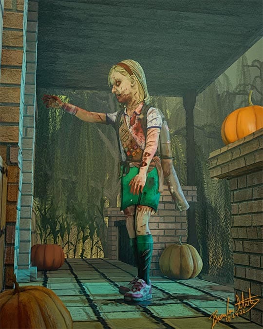 A creepy, bloody girl scout zombie knocks on the front door of a home with halloween pumpkins on the porch.