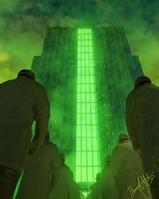 Lines of people walk toward a tower with glowing green lights in the fog.