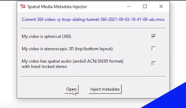 The Google Spatial Media Metadata Injector application in Windows.