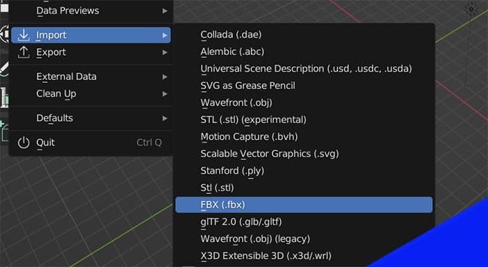 In Blender, the import 3d file option is expanded showing various common 3d file formats. 