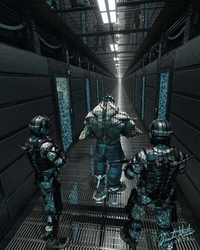 A mutant alien is escorted in shackles to a prison cell.