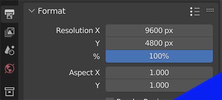 The resolutions settings in Blender set to a 2:1 ratio.