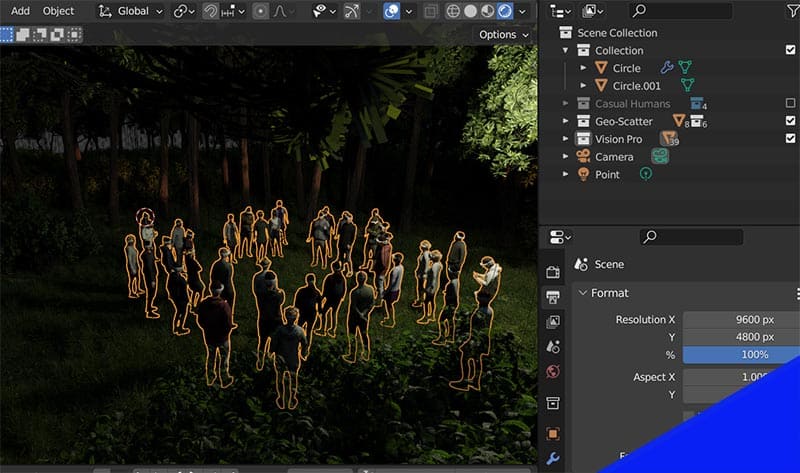 A 3D scene in Blender with characters standing in a circle.
