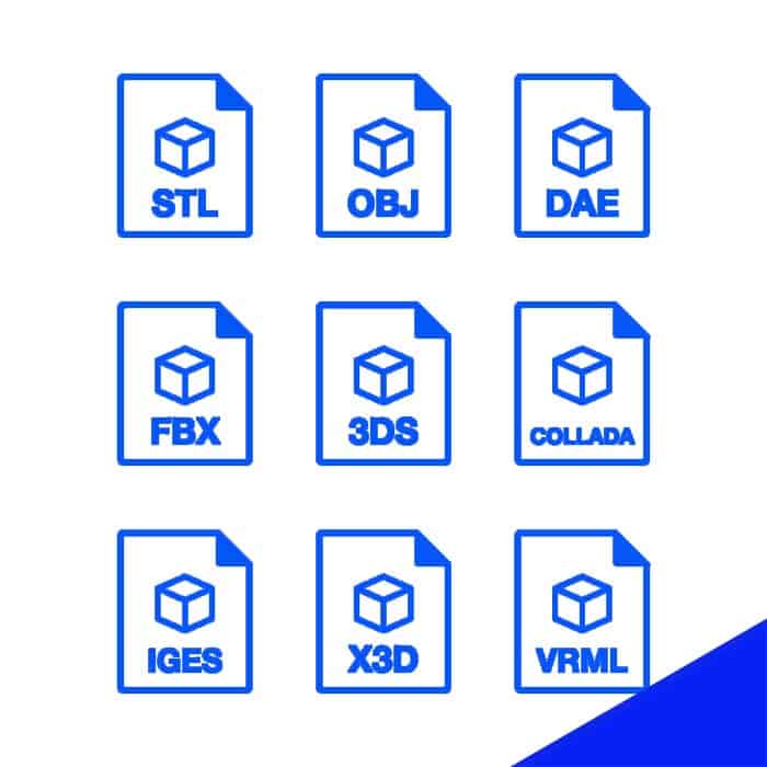 Several common 3d file format icons are shown in blue outlines. 