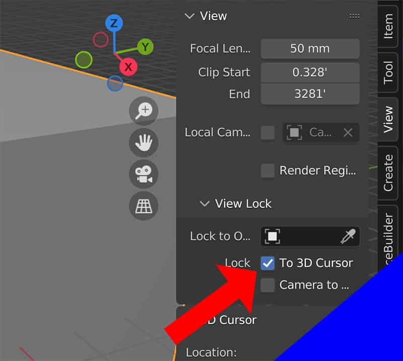 The lock to 3D cursor setting highlighted in the Blender sidebar menu.