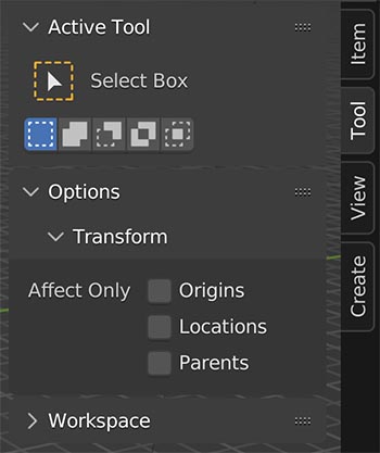 The Blender sidebar menu tool controls.