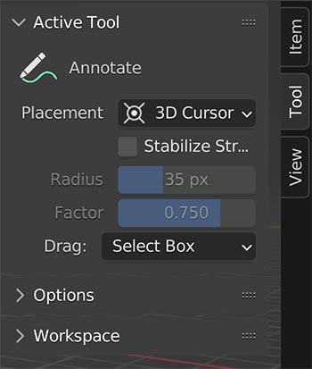 Settings for the annotate tool in the sidebar menu.