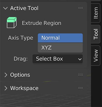 Settings for the extrude tool in the Blender sidebar menu.