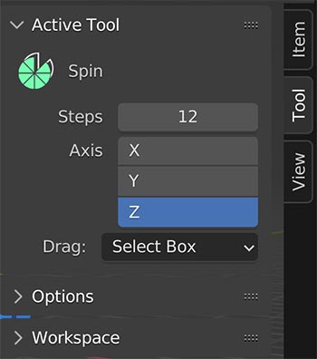 Settings of the Blender spin tool in the sidebar menu.