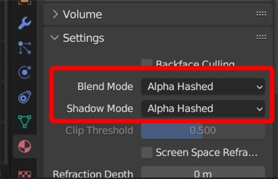 The blend mode settings in the material properties panel are highlighted.
