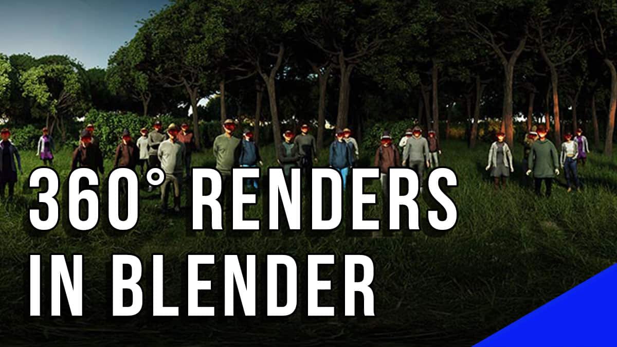 A 3D scene of people rendered as a panorama in Blender. 