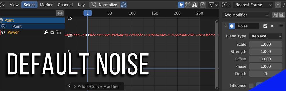 A jagged red line indicates the noise modifier in the Blender 3D graph editor. 