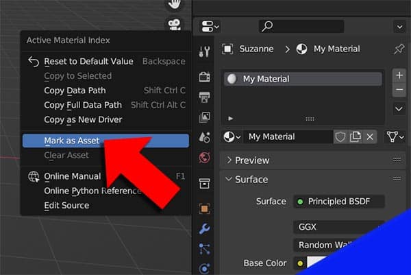 A material being marked as an asset in Blender. 