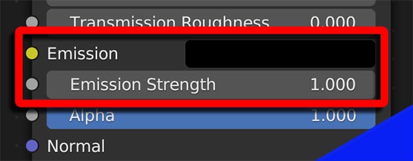 The emission and emission strength settings are highlighted on the Principled BSDF Shader. 