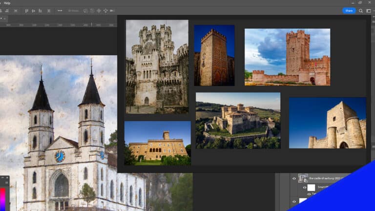 The PureRef workspace with reference images of castles displayed.
