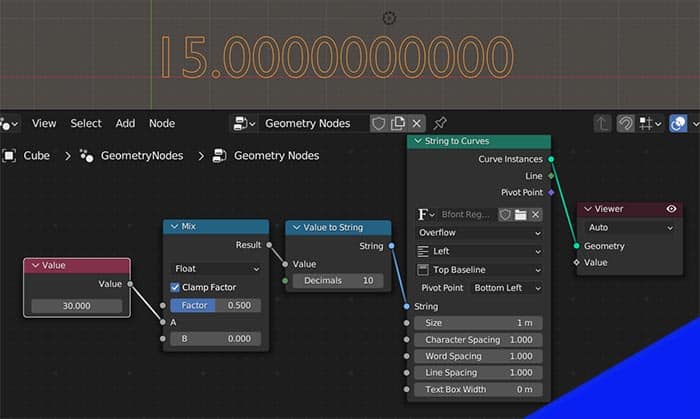 Float values mixed in the geometry nodes editor using a mix node. 