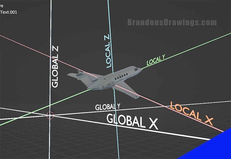 A 3d model of an airplane is rotated to demonstrated the local and global axis in the Blender 3D viewport. 