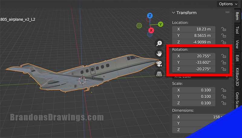 The rotation values for an object are highlighted in the sidebar of Blender. 