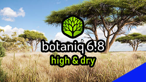 The Botaniq logo with a field and trees modeled with 3D software. 