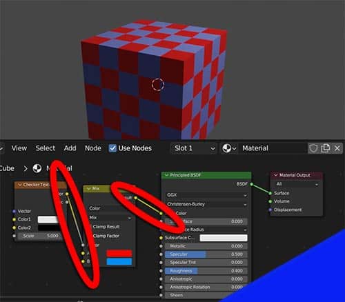 A checkered texture connected to a mix node and then connected to a Principled shader. 