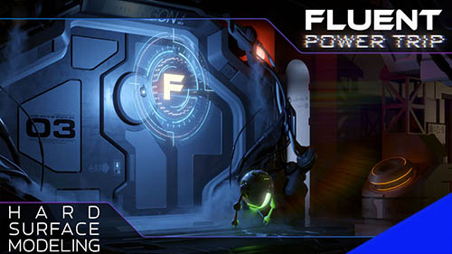 The Fluent logo with a futuristic sci fi corridor door modelled and rendered with 3D software. 
