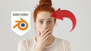 A woman with a worried face and the Blender 3D logo.