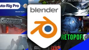 The Blender logo displayed in front of colorful thumbnails for Blender add-ons.