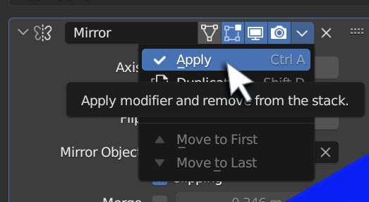 The apply command on a mirror modifier is hovered with a cursor in Blender. 