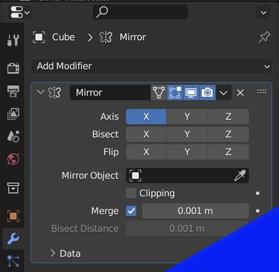 The settings for a mirror modifier in the Blender modifier properties panel. 