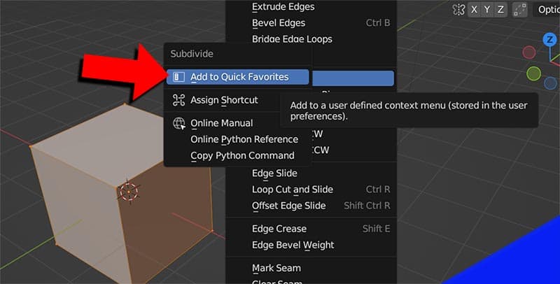 The menu to add a quick favorite in Blender is displayed.