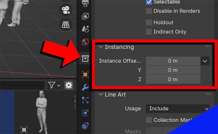 The instancing settings highlighted in the Blender collection properties. 