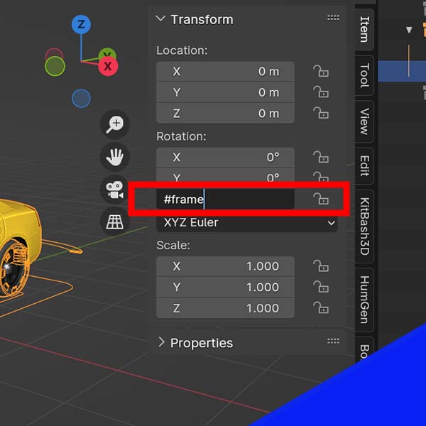 A driver is added to a rotation value in the Blender sidebar menu. 
